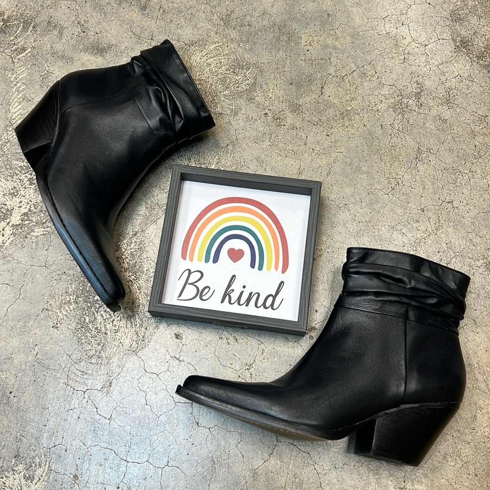 Vince Camuto, black leather ankle boots with pointed toe
